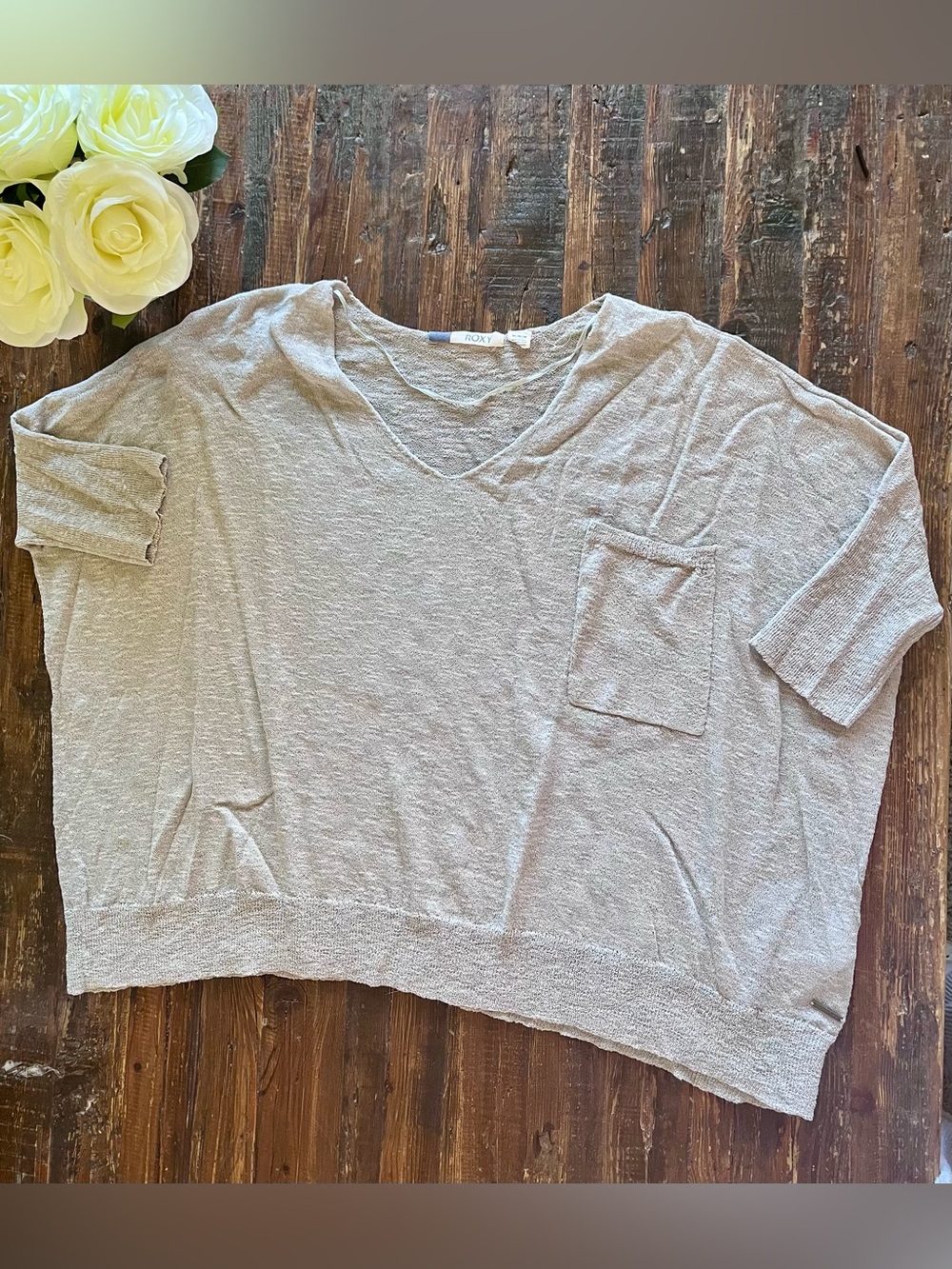 Roxy Lightweight silverwood lookout knit V-Neck Pocket top Sz M